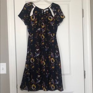 Line and Dot Cap and Sleeve Cut Out Floral Dress